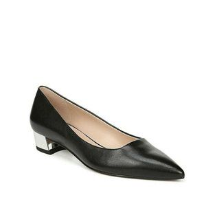 Black Leather Pointed Toe Block Heel Pump, Sz 7.5